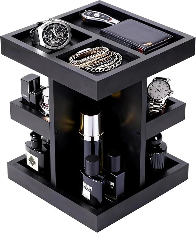 3-Tier Men's Cologne Organizer Stand - Black Wood Perfume Display & Storage for Desk or Nightstand, Gift for Husband