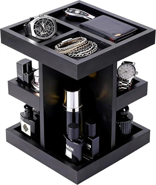 3-Tier Men's Cologne Organizer Stand - Black Wood Perfume Display & Storage for Desk or Nightstand, Gift for Husband