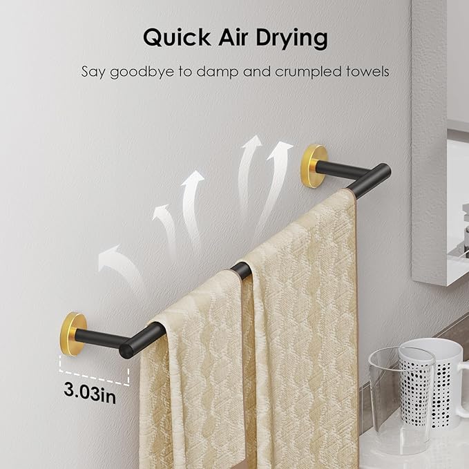 FORIOUS Black and Gold Towel Bar for Bathroom Wall, 24 Inch Stainless Steel Towel Racks for Bathroom, Includes Wall Mounting Hardware (Black and Gold,Total Length 26-Inch)