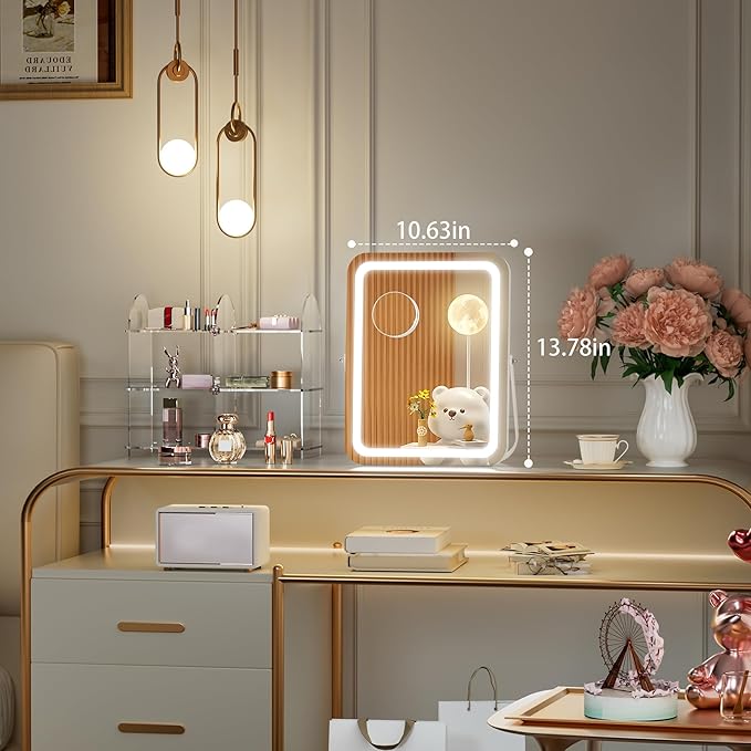 Hasipu Vanity Mirror with Lights, 11" x 14" LED Makeup Mirror, 3 Modes Light, Smart Touch Control Dimmable, 360°Rotation, Rectangle White Frame, with 5X Magnifying Glass