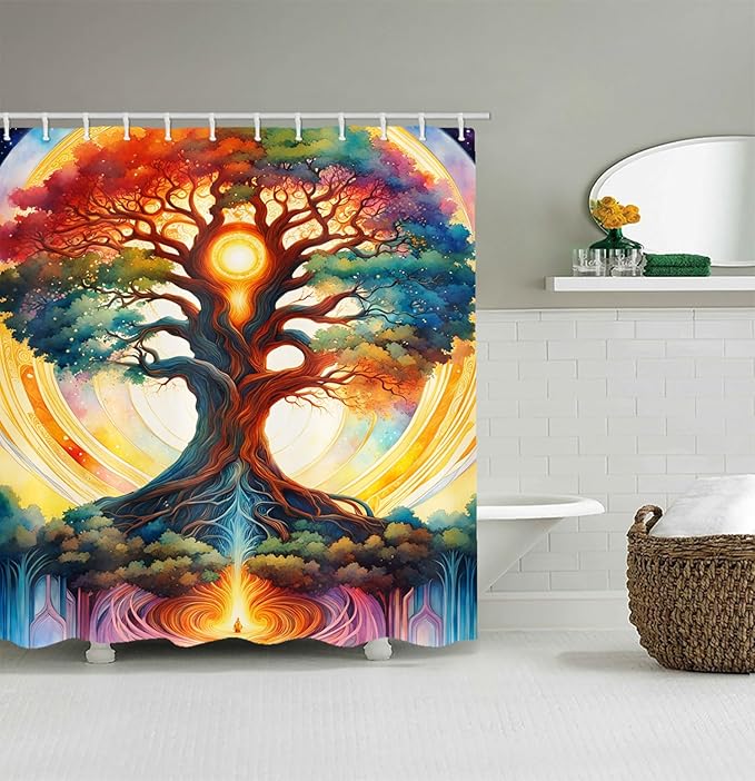 Shower Curtains, with The Theme of The Tree of Life and Bright Colors, Brings A Unique Artistic Atmosphere to The Bathroom. The 72x72 Inch Fabric Shower Curtain Comes with 12 Hooks.