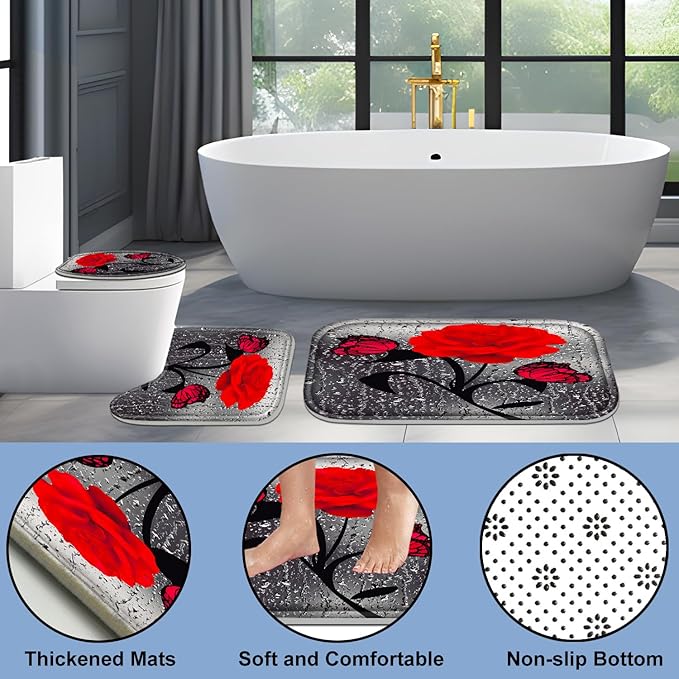 Poedist 4 Pcs Bathroom Set,Red Rose Shower Curtain Sets, Floral Shower Curtain Sets with Rugs(Bath Mat,U Shape and Toilet Lid Cover Mat) and 12 Hooks