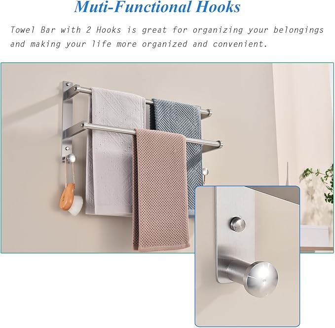 Double Towel Bar with Hooks for Bathroom - 18 Inch Brushed Stainless Steel Towel Rack, Wall Mounted Towel Rails
