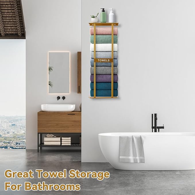 Vertical Towel Rack Wall Mounted - Metal Rolled Towel Holder, 31 Inch Black Space Saving Bathroom Storage Shelf for Shower, Toilet & RV (Golden)