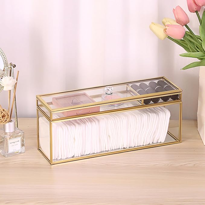 JUXYES Glass Nail Polish Set Storage Box with Tray and Lid, Double Tiers Personal Storage Box Organizer with Mirrored Bottom for Nail Polish Tweezer Manicure Tools Nail Art Accessories Tools Supplies