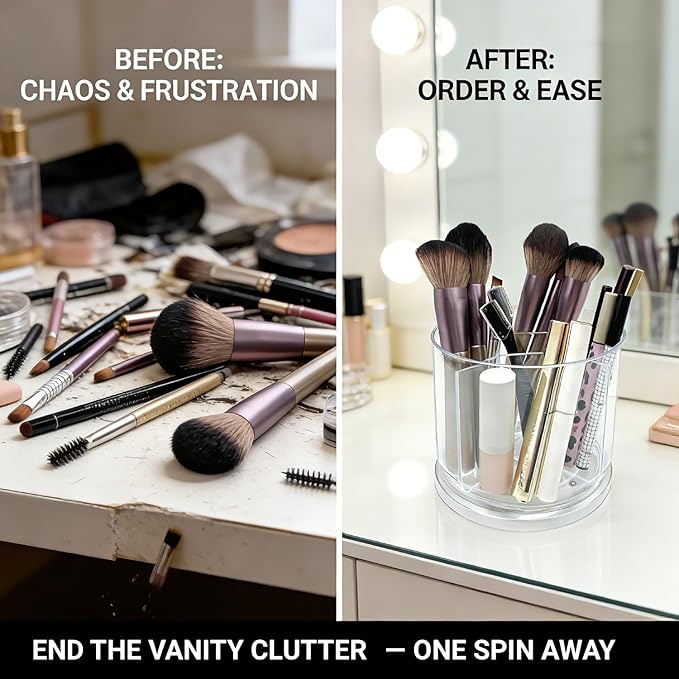 Makeup Brush Holder 360 Rotating Makeup Brushes Organizer for Vanity, 5 Slots Makeup Organizers & Storage, Multi-Functional Pencil Pen Holder for Desk, Cosmetic Storage Container Cup (Clear)