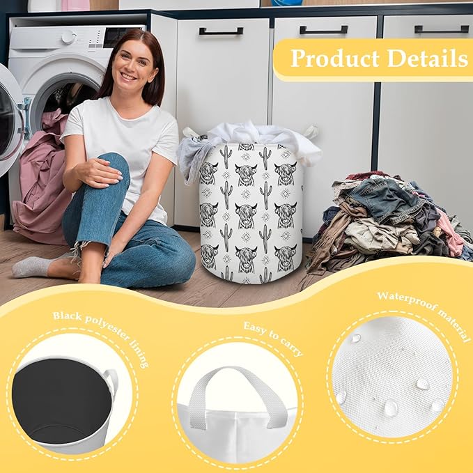 Western Laundry Basket, Retro Highland Cow Cactus Collapsible Laundry Hamper - Waterproof, Dirty Clothes Storage Bin - Perfect for Bathroom, Bedroom, Home Decor