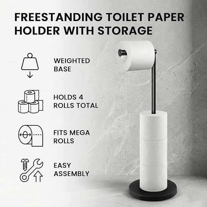 Cesun Toilet Paper Holder Stand Free Standing, Black Toilet Paper Storage with Heavy Weighted Base, Bathroom Stainless Steel Toilet Paper Roll Holder, Non-Slip, Matte Black