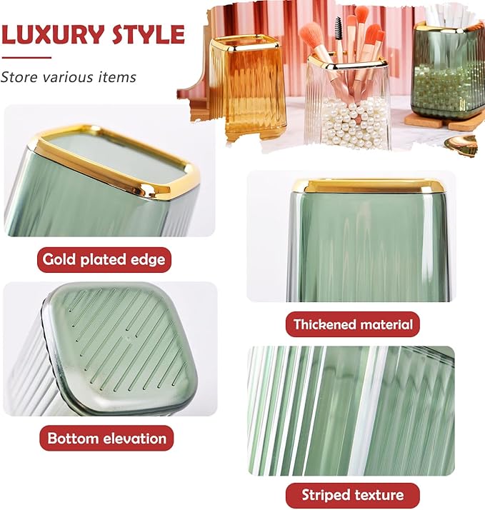 Gold Clear Makeup Brush Holder, Vintage Cosmetic Beauty Organizers Cup for Vanity, Lip Pencil Holder Vintage Lipstick Holder - Green