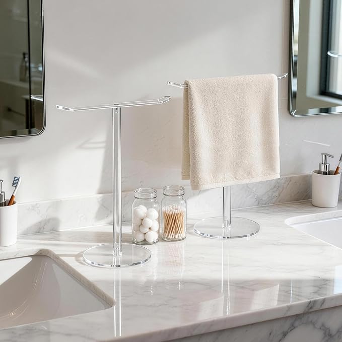 Clear Acrylic Hand Towel Holder Stand, T-Shape Free-Standing Towel Rack for Bathroom & Kitchen, Modern Minimalist Design, Simple Assembly, Countertop Organizer