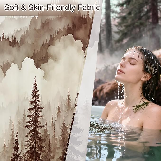 Brown Extra Long Misty Pine Forest Shower Curtain 72 x 84, XL Tan Mountain Foggy Woodland Scenery Tree Shower Curtains for Bathroom, Abstract Waterproof Nature-Themed Decor