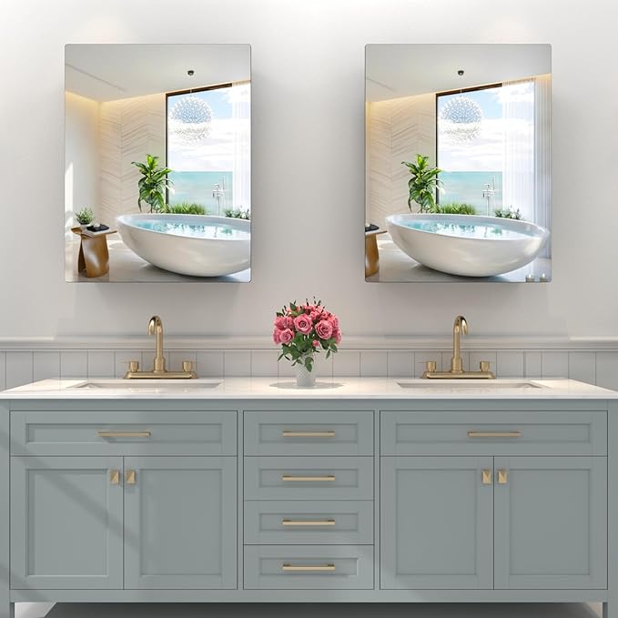 15"x20" Black Medicine Cabinet Mirror, Recessed & Surface Mount Medicine Cabinets for Bathroom, Tempered Glass Mirror + Full Metal Storage Cabinet, 2 Stable and Removable Shelves, Left or Right Open