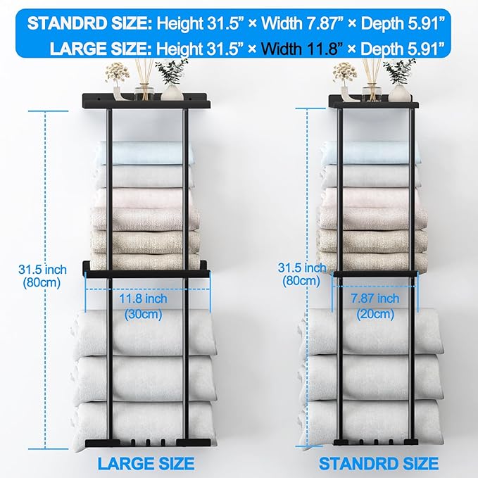 Liuoud Towel Rack for Bathroom, Wall Mounted Vertical Rolled Towel Storage Organizer Holder with Shelf, Holds Up 6 Large Bath Sheets, Gold Large Size
