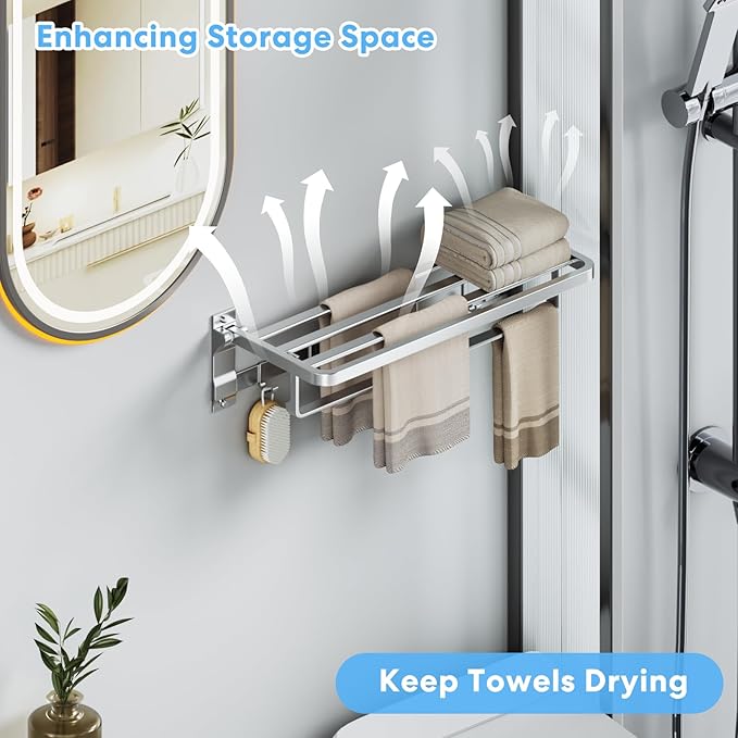 Foldable Towel Rack Wall Mounted, 23 Inch Rustproof Aluminum Bathroom Towel Shelf with Towel Bar & 5 Hooks, Space Saving Towel Storage Organizer for Bathroom Kitchen Laundry Room, Silver