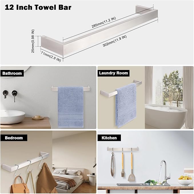 Livabber Square Bath Towel Bar, 304 Stainless Steel Towel Rack, Heavy Duty Towel Holder Wall Mounted for Bathroom Accessories, Kitchen, Brushed Nickel (12 Inch)