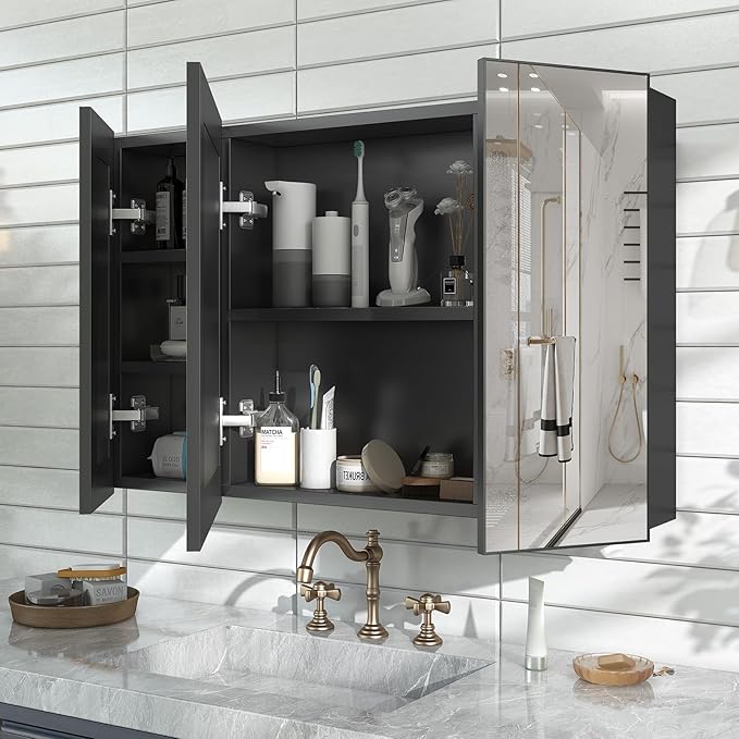 24x40 Inch Bathroom Medicine Cabinet with Mirror, Pre-Assembled Bathroom Medicine Cabinets, Surface/Recessed Wall Mounted Farmhouse Large Medicine Cabinet, Black