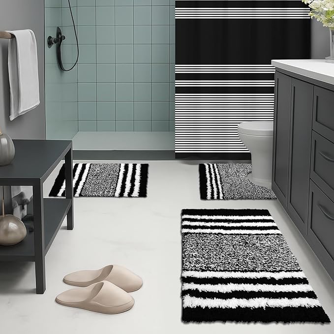 Britimes Black Stripes Bathroom Sets with Shower Curtain and Rugs, Minimalist Striped Modern Waterproof Shower Curtain Liner and Soft Non Slip Bath Mat for Bathroom Decor and Accessories Hooks