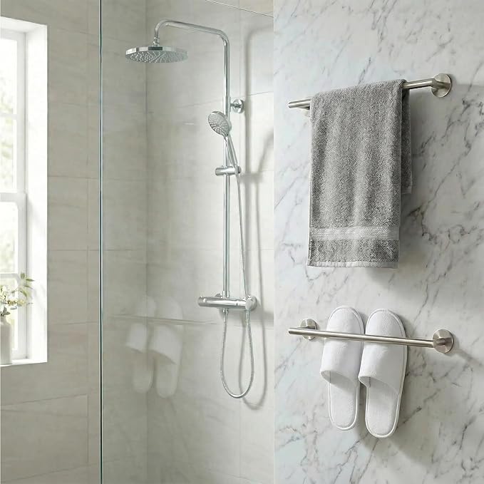 16 Inch Brushed Nickel Towel Bar - Self Adhesive No Drill Bathroom Towel Rack, 304 Stainless Steel Wall Mount Towel Holder by AcGlbauric Bathroom wall Mounted, Bath Towel Bar for Hardware Accessories