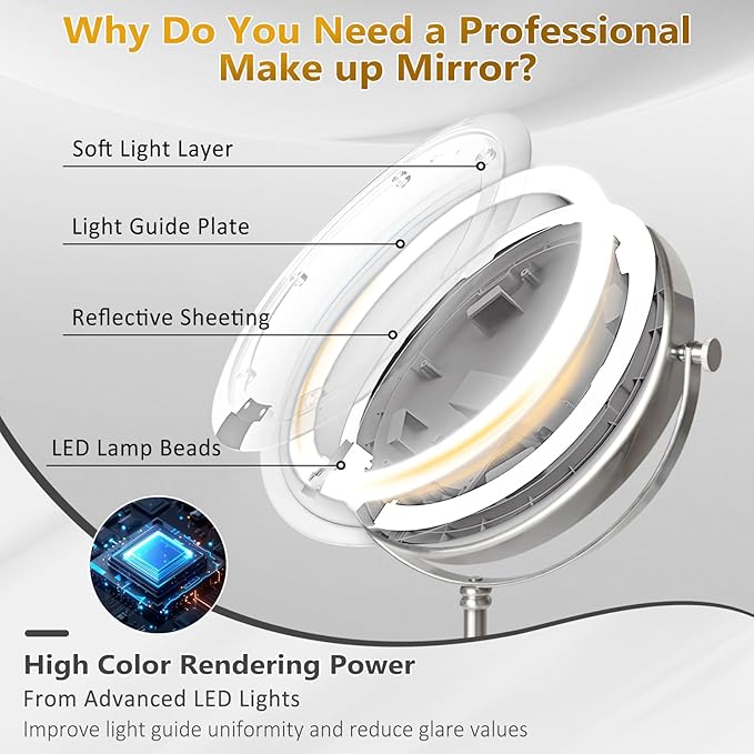 Vanity Mirror with Lights,4000mAh Rechargeable Double Sided Magnifying Mirror with 3 Colors Adjustable,1x/10x Lighted Makeup Mirror,360°Rotation Touch Screen with Memory Function,Nickel