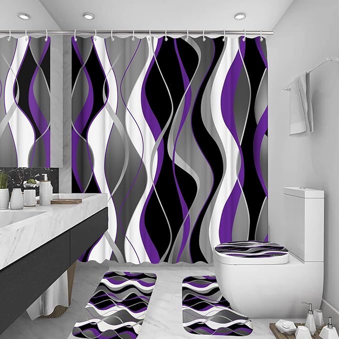 beifivcl 4Pcs Purple Shower Curtain Sets with Non-Slip Rugs, Toilet Lid Cover and Bath Mat, Black and Gray Bathroom Decor Set Accessories Fabric Waterproof Shower Curtains with 12 Hooks, 72 x 72 Inch