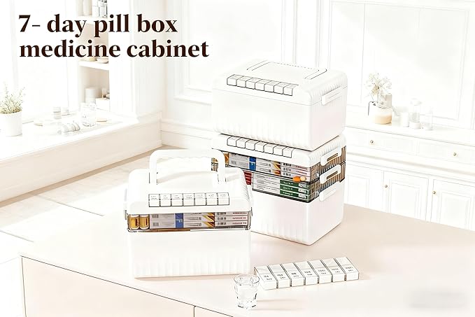 3-Tier Medicine Storage Box Cabinet, Portable Medicine Cabinet with Plastic Handle, Multipurpose Medical Box with 7 Individual Boxes