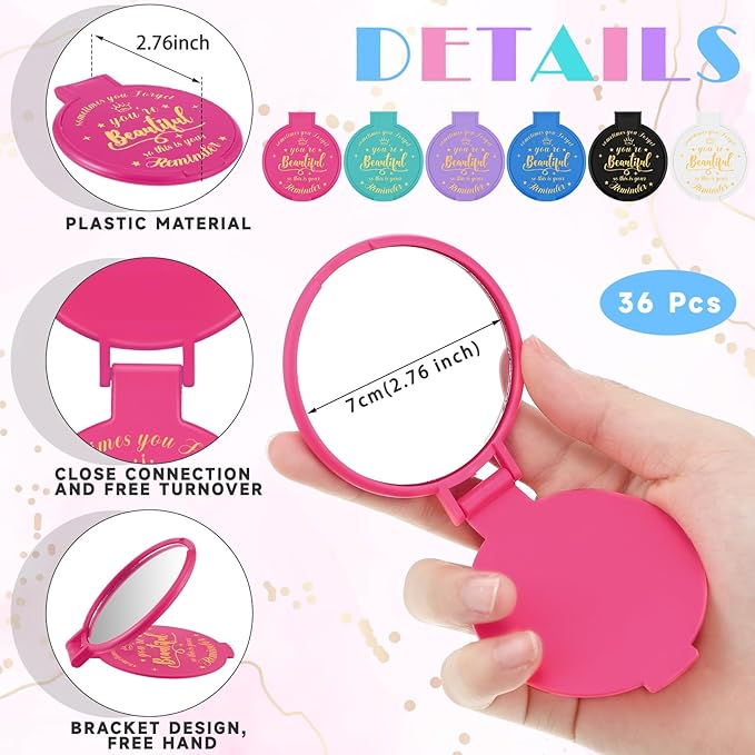 36 Pcs 2.76 Inch Inspirational Compact Mirror Bulk Women Small Gifts Graduation Party Favors Purse Mirror Pocket Mini Stuffer Items for Adult Coworker Cheerleader Employee (Classic Colors)