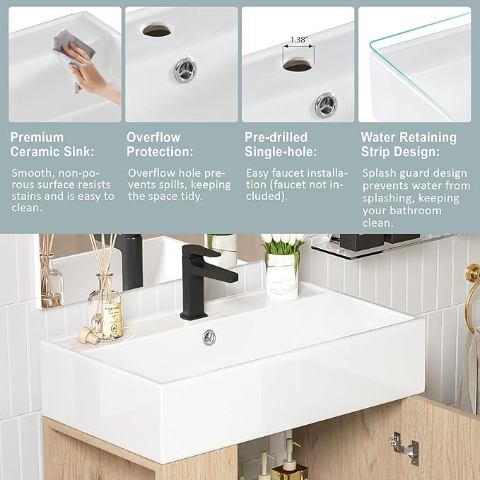 Virubi 21.6 in Small Bathroom Vanity with Sink,Doors and Storage Shelves,Wood Modern Single Fluted Bathroom Sink Cabinet Freestanding (Natural Wood,Left Shelf)