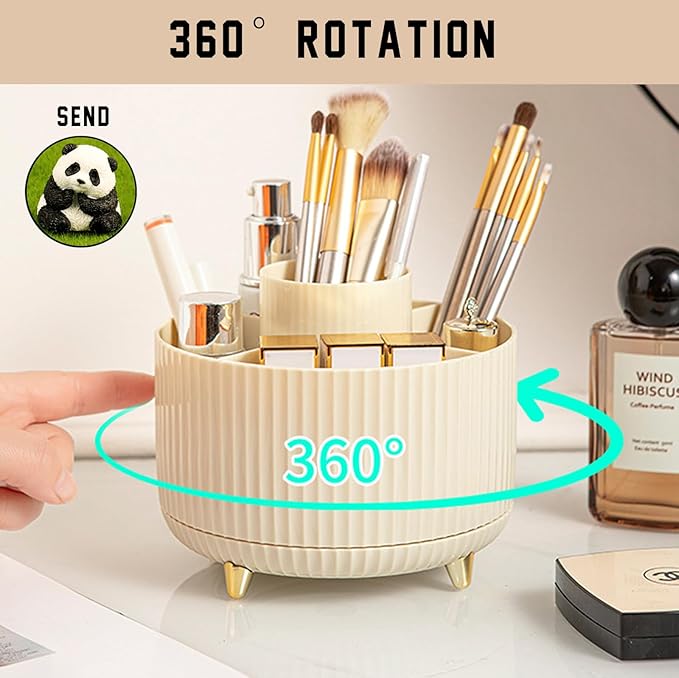360° Rotating Makeup Brush Organizer with Gold Feet, Partitioned Storage Container, Space-Saving Cosmetic Holder & Pen Holder (Pink)