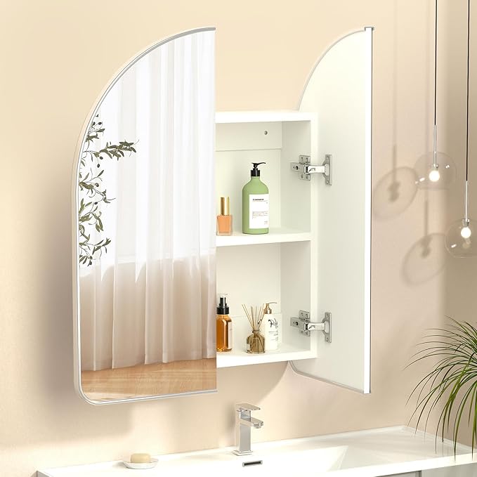 Arched Medicine Cabinet with Mirror,Silver Bathroom Mirror Cabinet,24x28 Mirrored Medicine Cabinets for Bathroom Mirror with Storage,Wall Mounted Medicine Cabinets,botiquines de baño