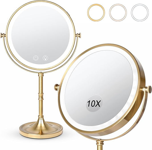 Vanity Mirror with Lights,4000mAh Rechargeable Double Sided Magnifying Mirror with 3 Colors Adjustable,1x/10x Lighted Makeup Mirror,360°Rotation Touch Screen with Memory Function,Gold