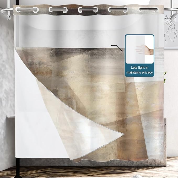 Shrahala Brown Abstract Art No Hooks Shower Curtain with Snap in Liner Set, Beige Painting Bathroom Décor Polyester Fiber Waterproof for Stall Bathtubs 71 X 74 in