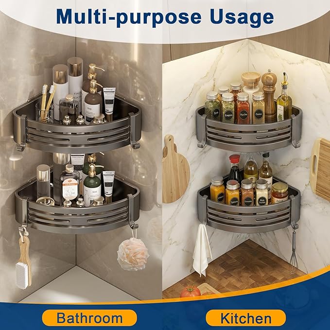 Corner Shower Caddy, Adhesive Shower Corner Organizer Shelves with Hooks,No Drilling Shower Shelves for Bathroom Kitchen 2 Pack