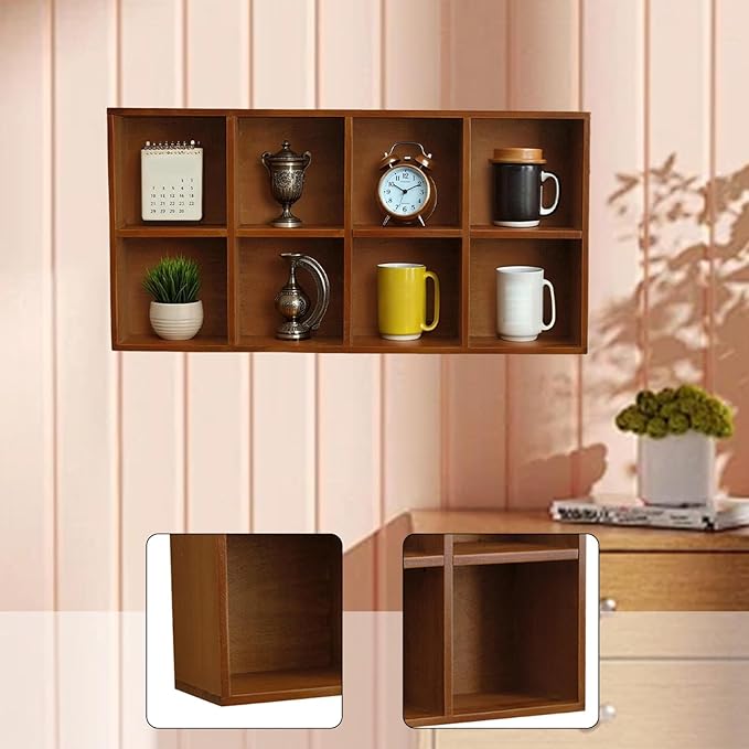 Wooden Display Shelf for Wall Display Case 8 Grids Wall Mounted Home Decoration Shelf for Bathroom Indoor