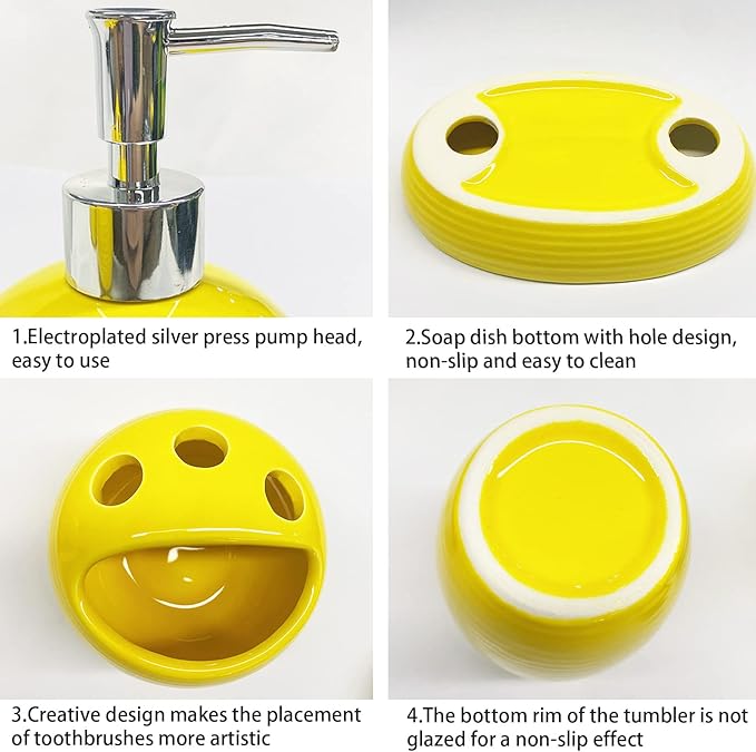 Bathroom Accessories Set 4 Piece Yellow Ceramic Bathroom Decor Accessory Set with Toothbrush Holder,Lotion Dispenser, Soap Dish,Cup