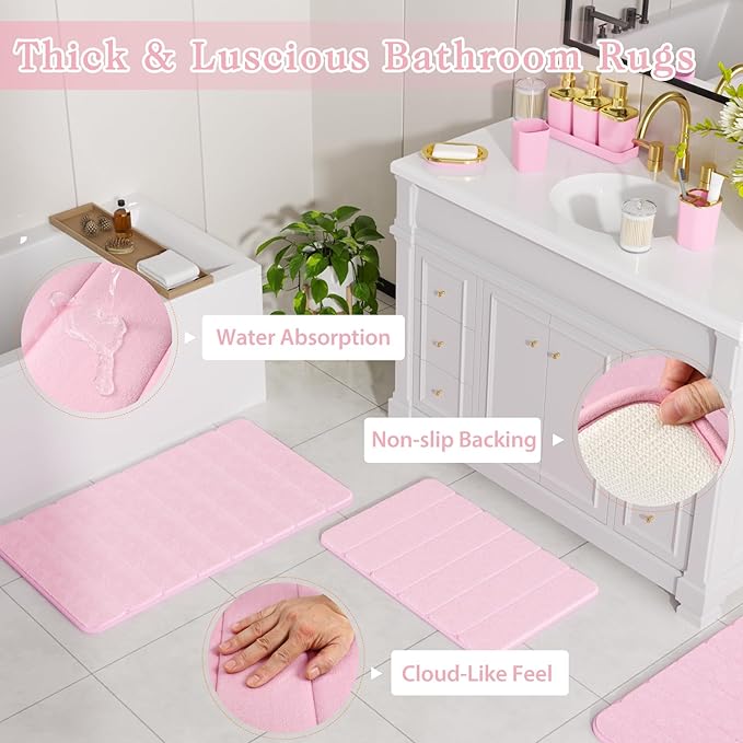 Bathroom Set - 27PC Bathroom Sets with Shower Curtain and Rugs, Pink Bathroom Set, Pink Bathroom Accessories Set with Push-lid Trash Can, Toilet Brush & Soap Dispensers