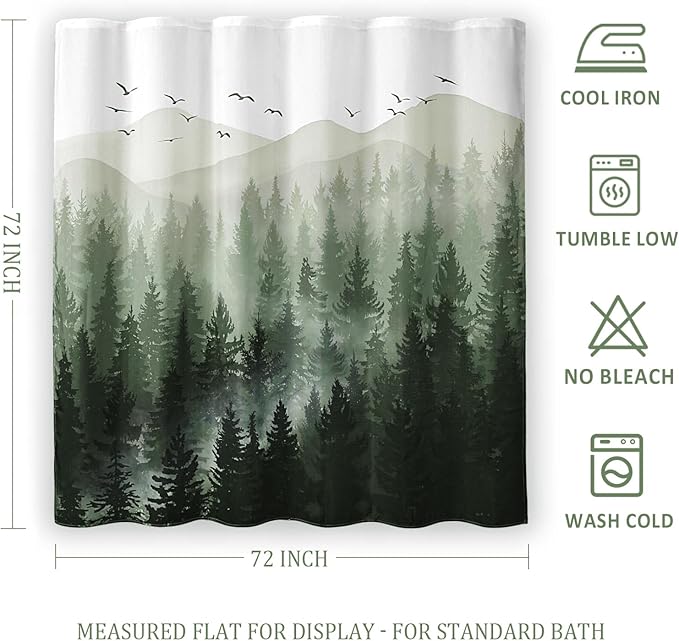 Green Forest Rustic Shower Curtain, Nature Mountain Tree Shower Curtains for Bathroom with 3D Bamboo Texture, 72 x 72