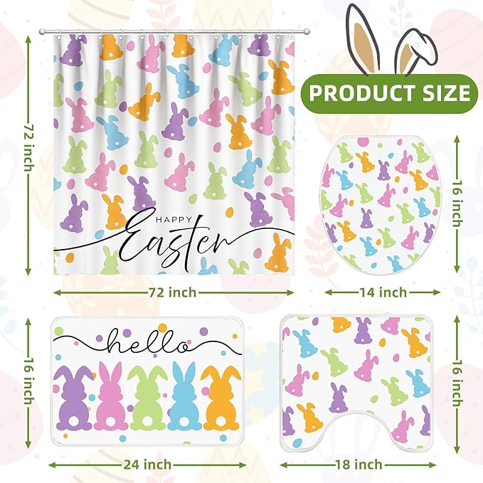 Easter Shower Curtain Set for Bathroom, Easter Bunnys Shape Bathroom Supplies for Bunny Accessories Decor Set, Non Slip Rugs Toilet Lid Cover U Shape Bath Mat and 12 Hooks
