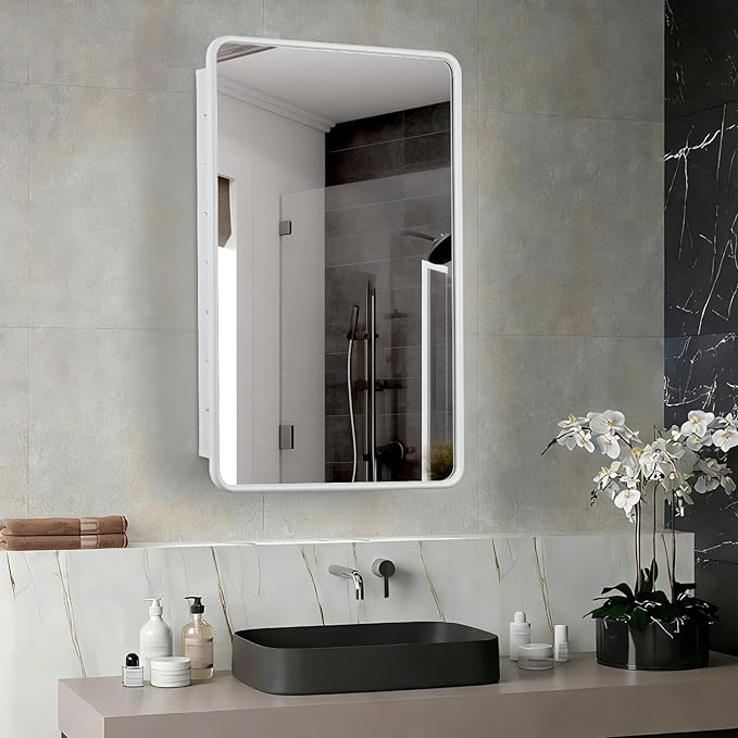 17 x 27 White Bathroom Medicine Cabinet with Mirror Metal Frame Recessed Or Wall Mounted Single Door Storage Medicine Cabinets with Adjustable Shelves Rounded Corner