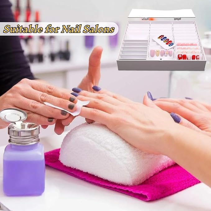 Rosvola Nail Art Display, Nail Storage Organizer Box, Empty Nail Tips Storage Box with cover Fake Nail Display Case for Nail Salon Home Use (White)