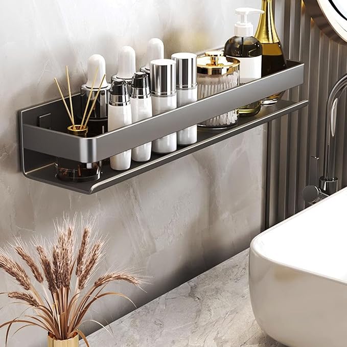 TANIQIACA Simple Aesthetic Wall Mounted Bathroom Rack, Multifunctional Floating Shelves for Bathroom Kitchen Storage, Sturdy Stainless Steel, Large Capacity, Strong Adhesive, No Drill Insta (25cm)