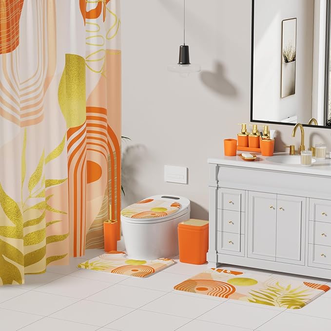 Bathroom Accessories Set - 27PC Bathroom Sets with Shower Curtain and Rugs, Orange Bathroom Set, Orange Bathroom Accessory Set with Trash Can, Toilet Brush & 3 PC Soap Dispensers