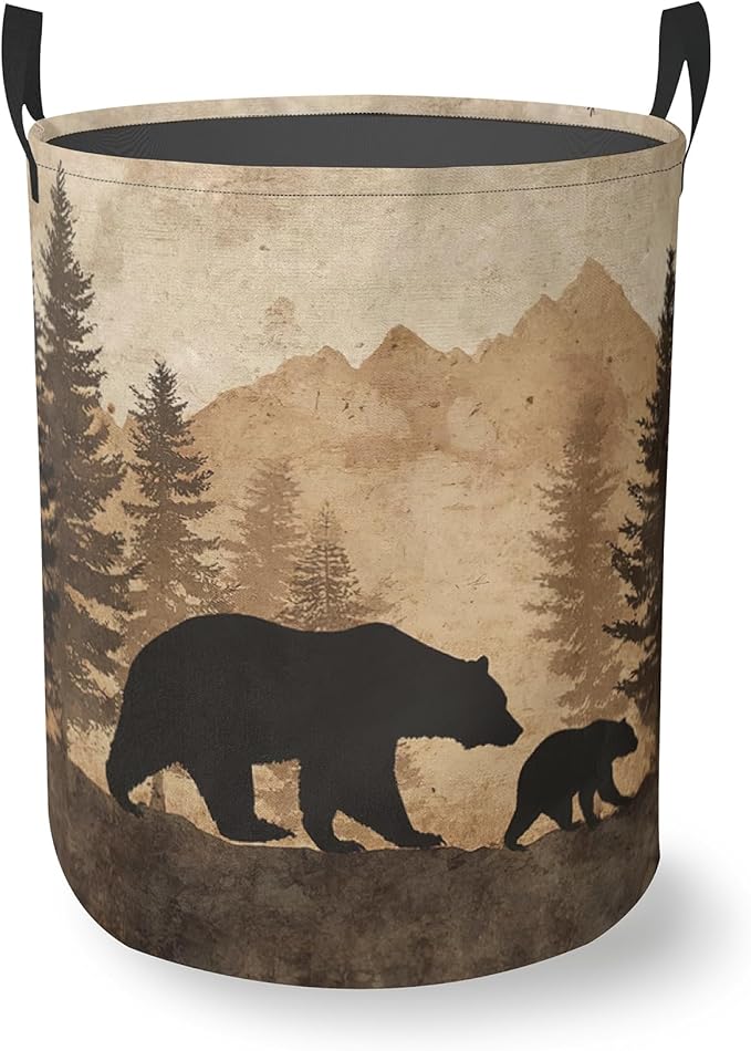 Vintage Forest Bear Round Laundry Hamper Storage Basket Toys Clothes Organizer Bin For Home Bathroom Bedroom Dorm Nursery