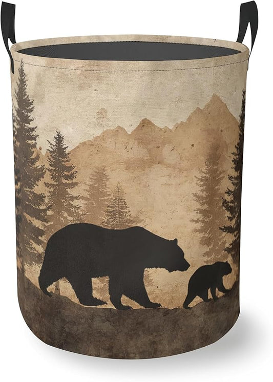 Vintage Forest Bear Round Laundry Hamper Storage Basket Toys Clothes Organizer Bin For Home Bathroom Bedroom Dorm Nursery