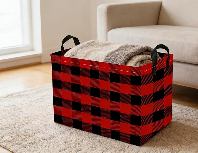 Rectangular Kids Baskets Red grid Basket Cute Storage Bins Organizer Box Boys Room Decor for Home.(Red grid)