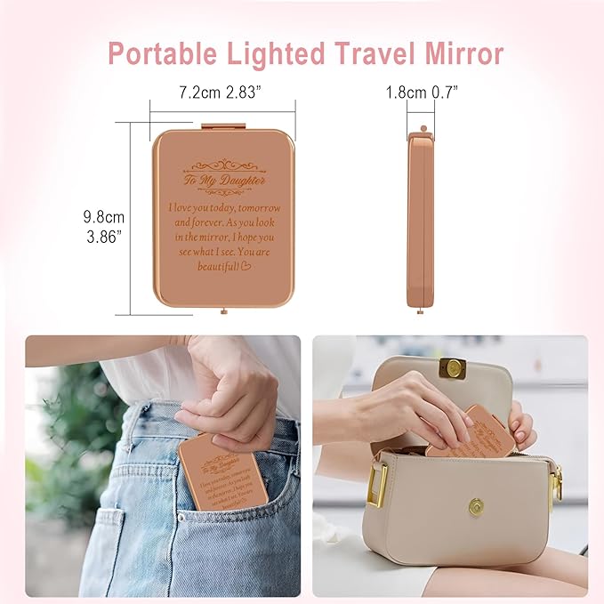 Daughter Gifts from Mom, Rose Gold Daughters Compact Mirror with Light, Birthday Gifts for Daughter from Mother, Graduation Wedding Anniversary Christmas