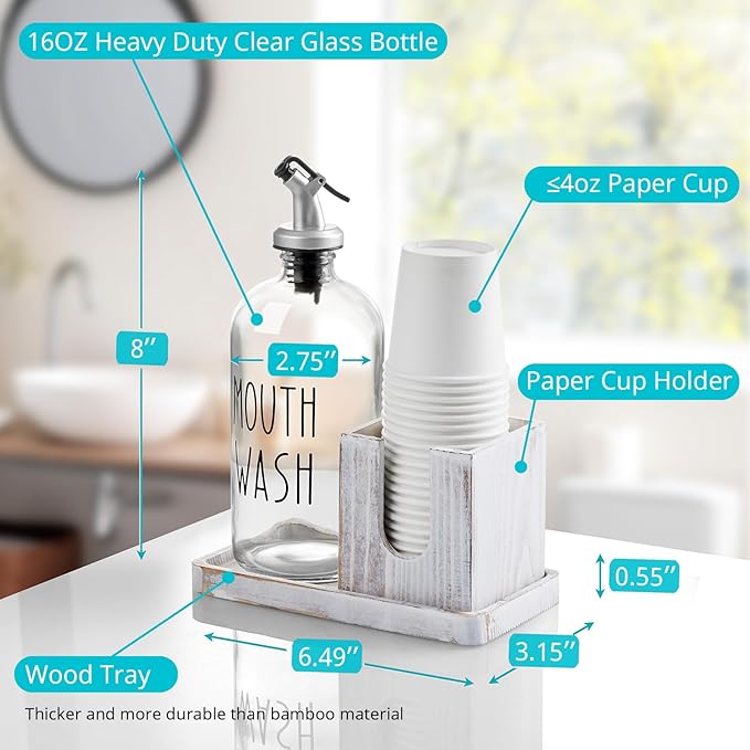 Glass Mouthwash Dispenser for Bathroom, 16 OZ Mouthwash Dispenser with Pour Spout and White Washed Wood Cup Holder and Tray, Mouth Wash Bottle Container, Rustic Kitchen Bathroom Decor and Accessories
