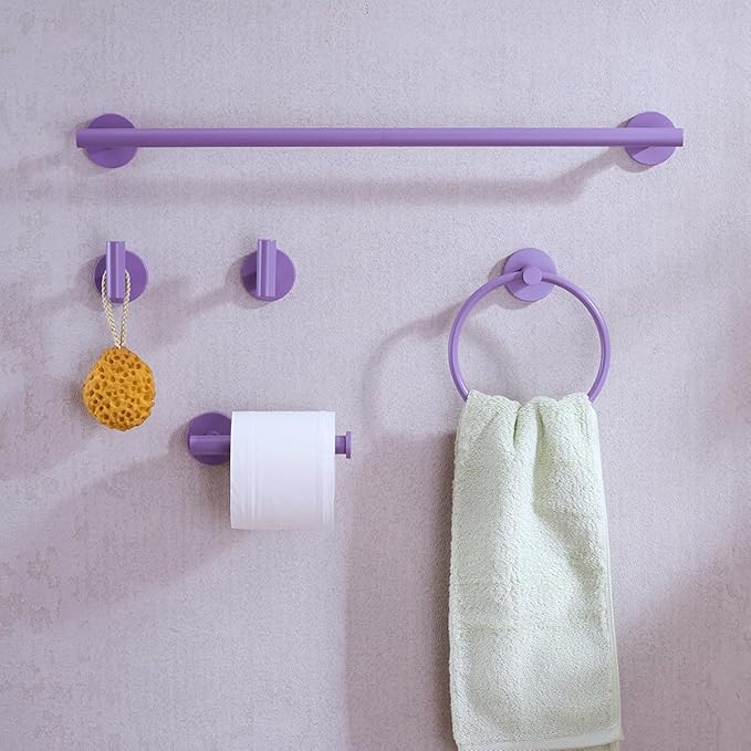 Bathroom Accessories Set,Purple 5 Pieces Bathroom Hardware Set,24 inch Towel Bar,Towel Ring for Bathroom,Robe Towel Hooks,Toilet Paper Holder Wall Mounted(Drilling),SE96006S-5PP