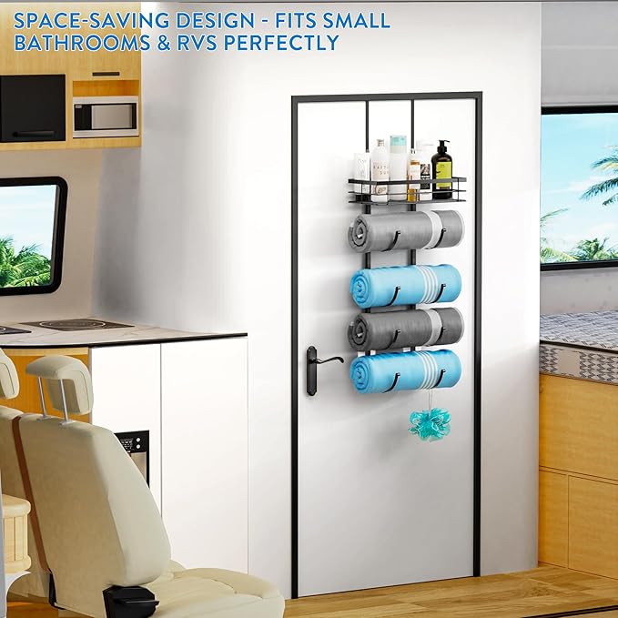 Over The Door Towel Rack, 5-Tier No Drill Towel Storage Organizer with Metal Shelf, Hanging Bath Towel Holder for Small Bathroom, Camper, Rv, Black