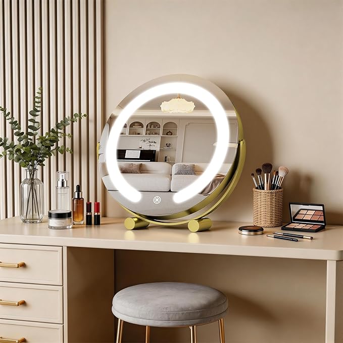 Vanity Mirror with Lights, 12" LED Makeup Mirror, HD Professional Mirror, Smart Touch with 3-Color Lighting, Dimmable, 360° Rotation, Lighted Up for Makeup Desk, Bedroom (Gold)