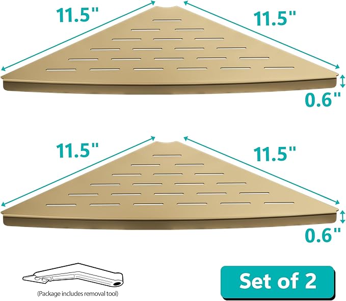 Qeke Corner Shower Shelf Brushed Golden, 304 Stainless Steel 11.5” Recessed Corner Shelf Bathroom for Tiled Wall, Floating Shower Shelves Shampoo Holder, No Drilling, 2 Pack